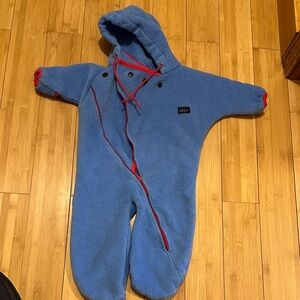 Blue Hooded Fleece Baby Snowsuit with Red Accents